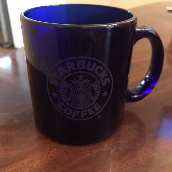 Starbucks Glass Coffee Mugs Cobalt Blue Etched Mermaid Logo USA Set of 3  12 oz - Picture 2 of 7